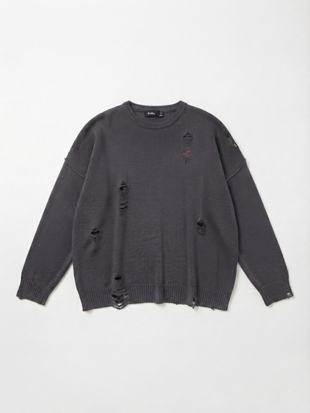 BERSHKA -  Charcoal Gray Distressed Oversized Knit Sweater – Size Large